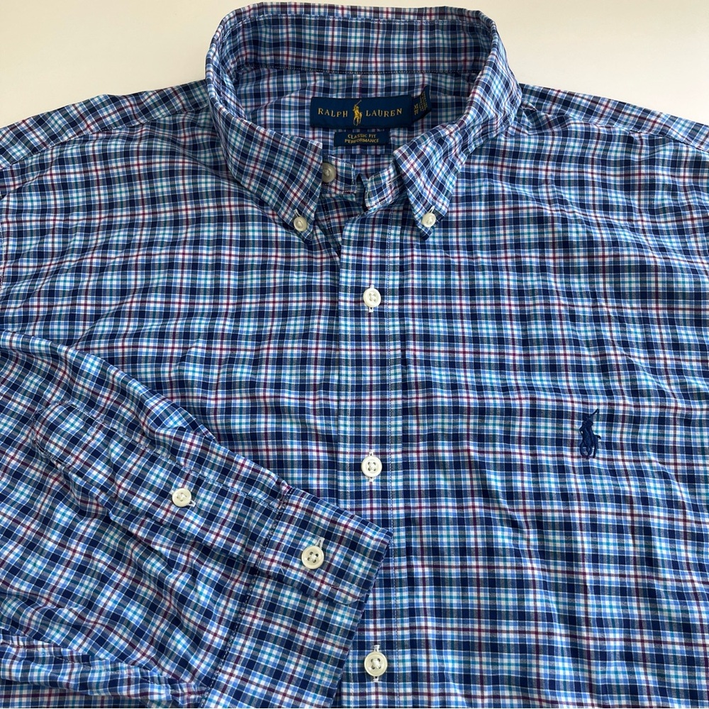 Ralph Lauren Men’s Classic Fit Performance Blue Plaid Long Sleeve Button Down XL